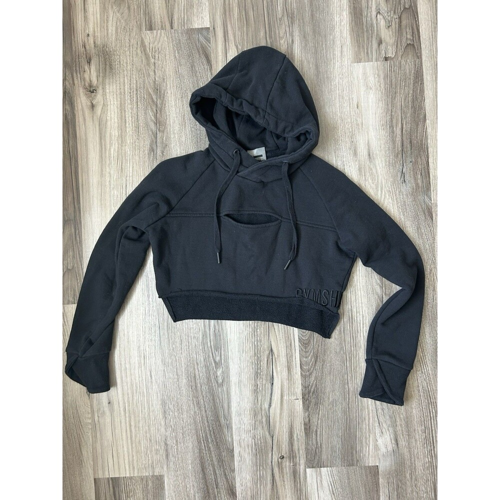 Gymshark Women’s Black Cropped Cutout Keyhole Hoodie Size XS Raw Edge Pullover